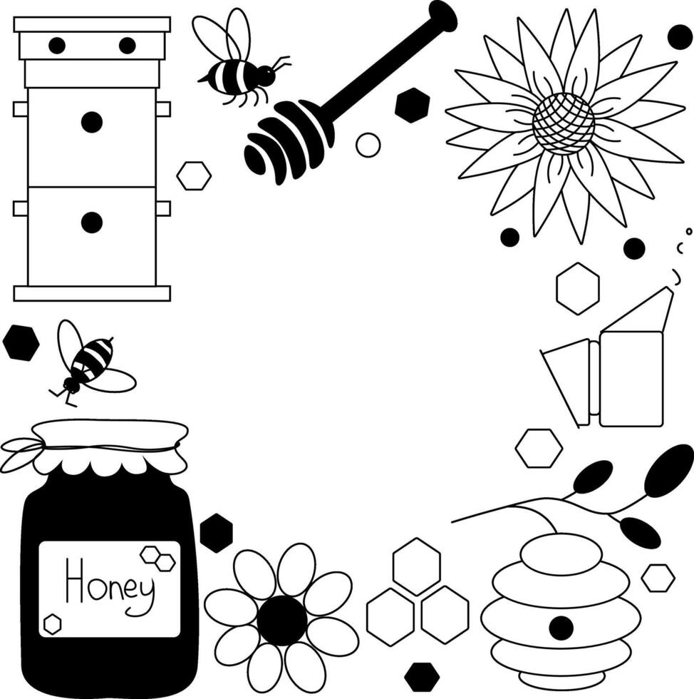 Round frame with bees and honey items circle template. graphic line illustration. design for fashion graphics, textile prints, fabrics, wallpapers. For logo, web, package, sticker. vector