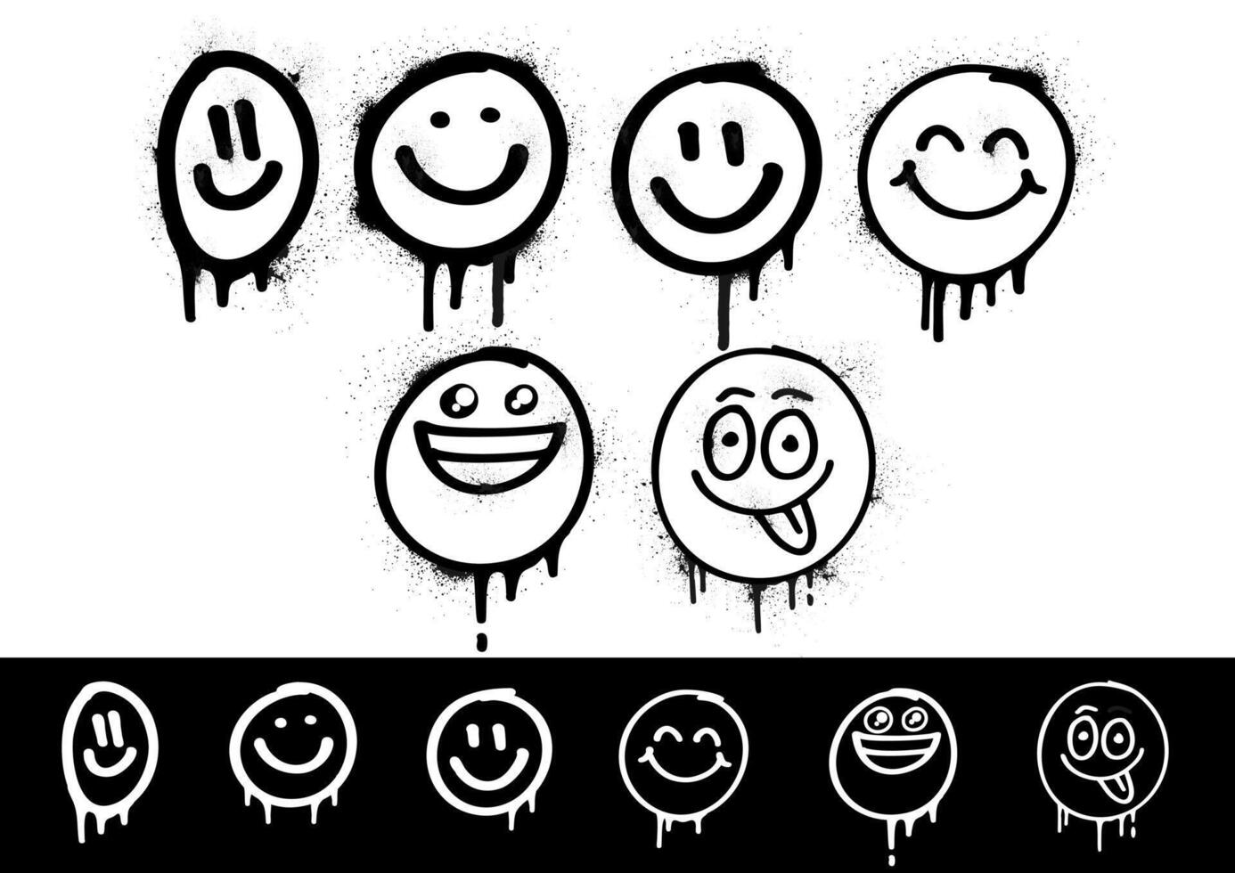 Graffiti smile Icons Set. Hand-drawn smile graffiti icons with spray paint paint and dripping effects vector