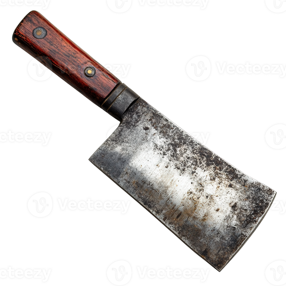 Antique Kitchen Cleaver with Distressed Steel and Wooden Handle Isolated on Transparent Background png