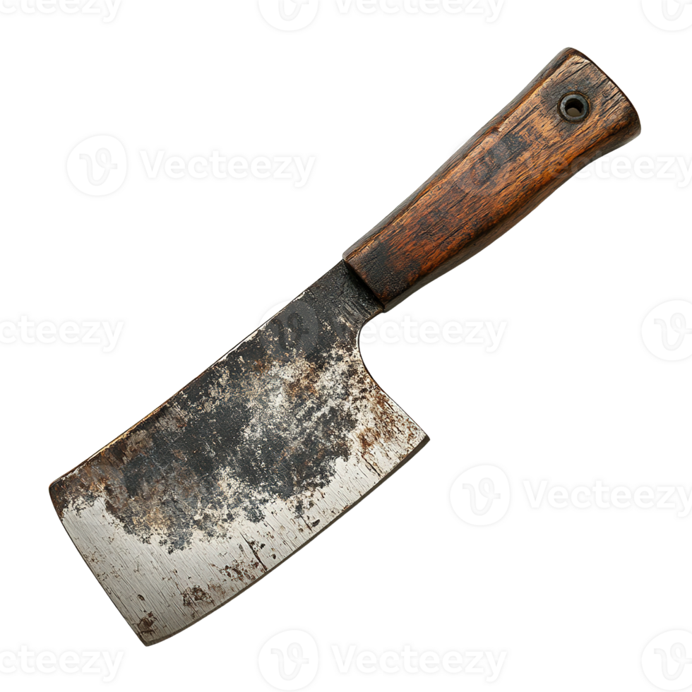 Meat Cleaver with Patina Blade and Wooden Grip Isolated on Transparent Background png