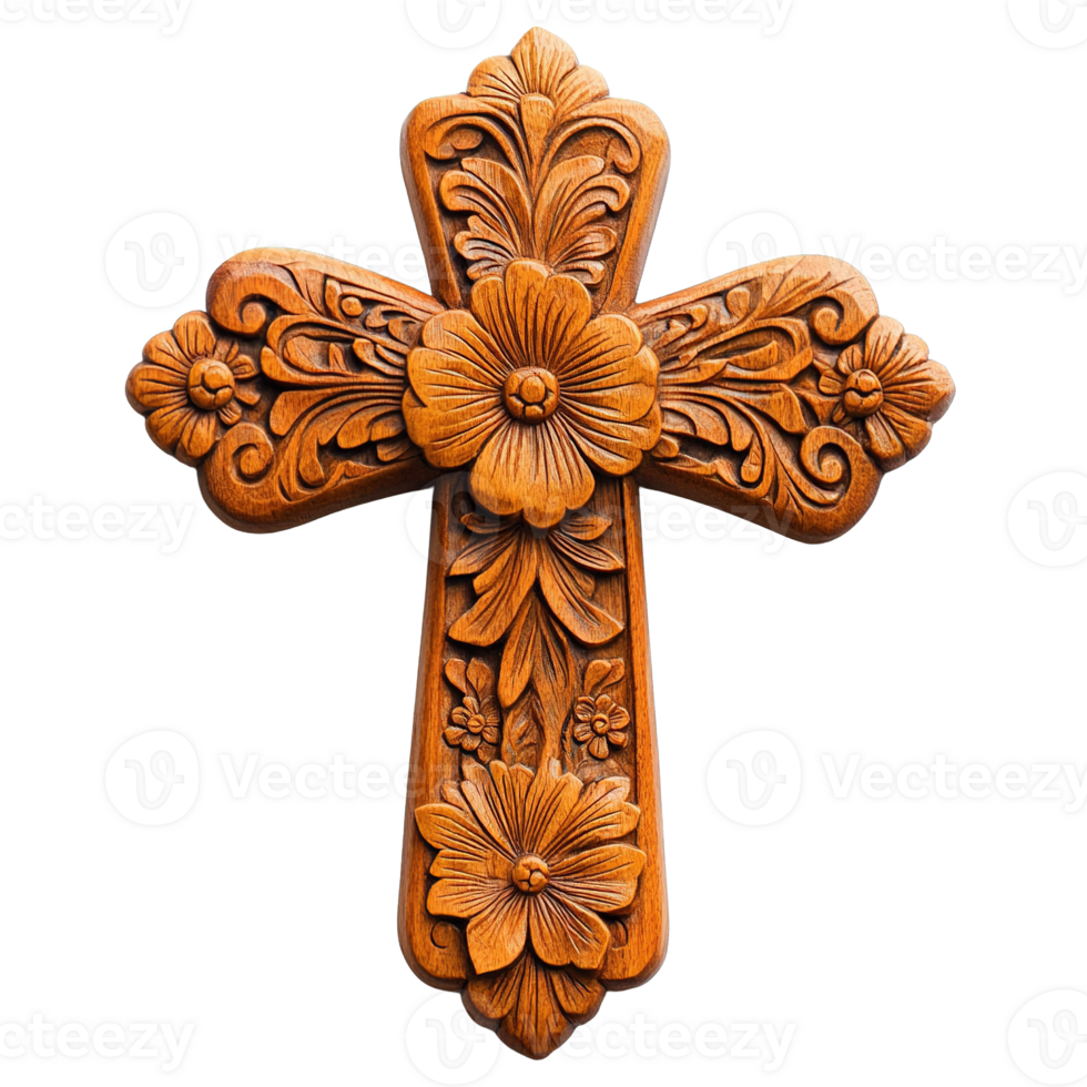 Rustic Handcrafted Wooden Cross with Floral Themes Isolated on Transparent Background png