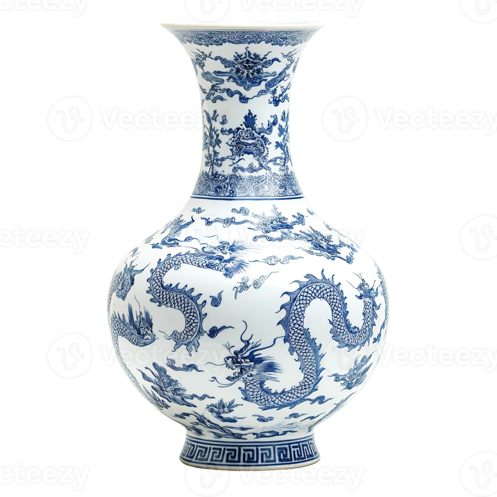 Porcelain Vase with Mythical Dragon Pattern Isolated on Transparent Background png