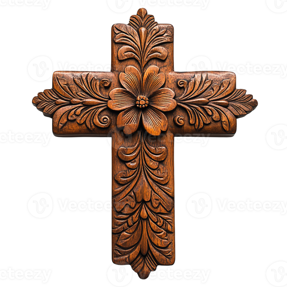 Wooden Cross with Detailed Folk Art Carving Isolated on Transparent Background png