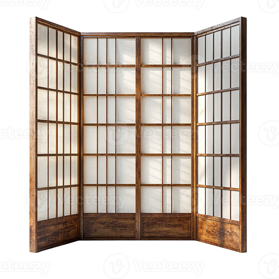 Classic Japanese Folding Privacy Screen with Minimalist Design Featuring Wooden Grids and White Panels on Transparent Background png