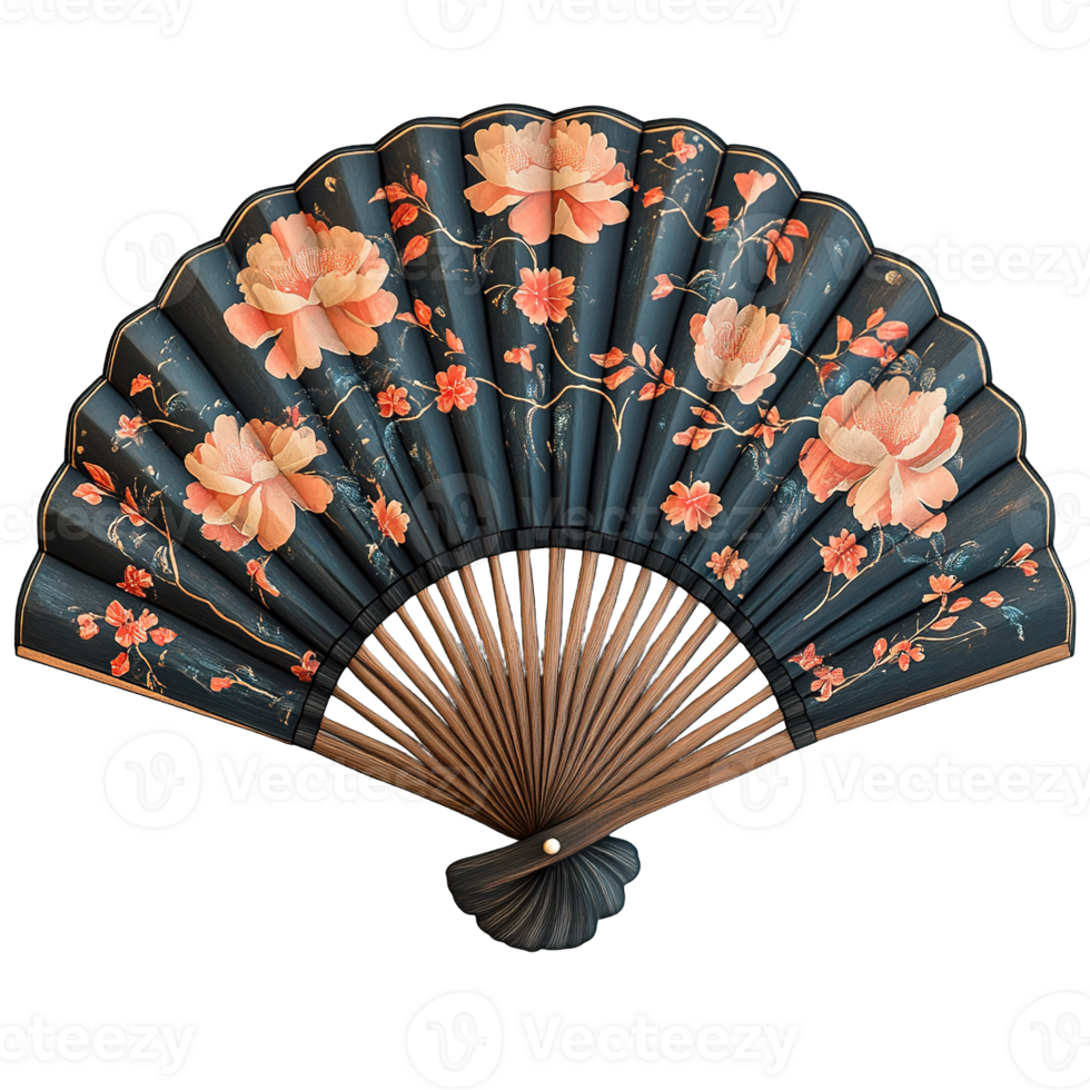 Decorative Oriental Folding Fan Featuring Hand-Painted Blossoms png