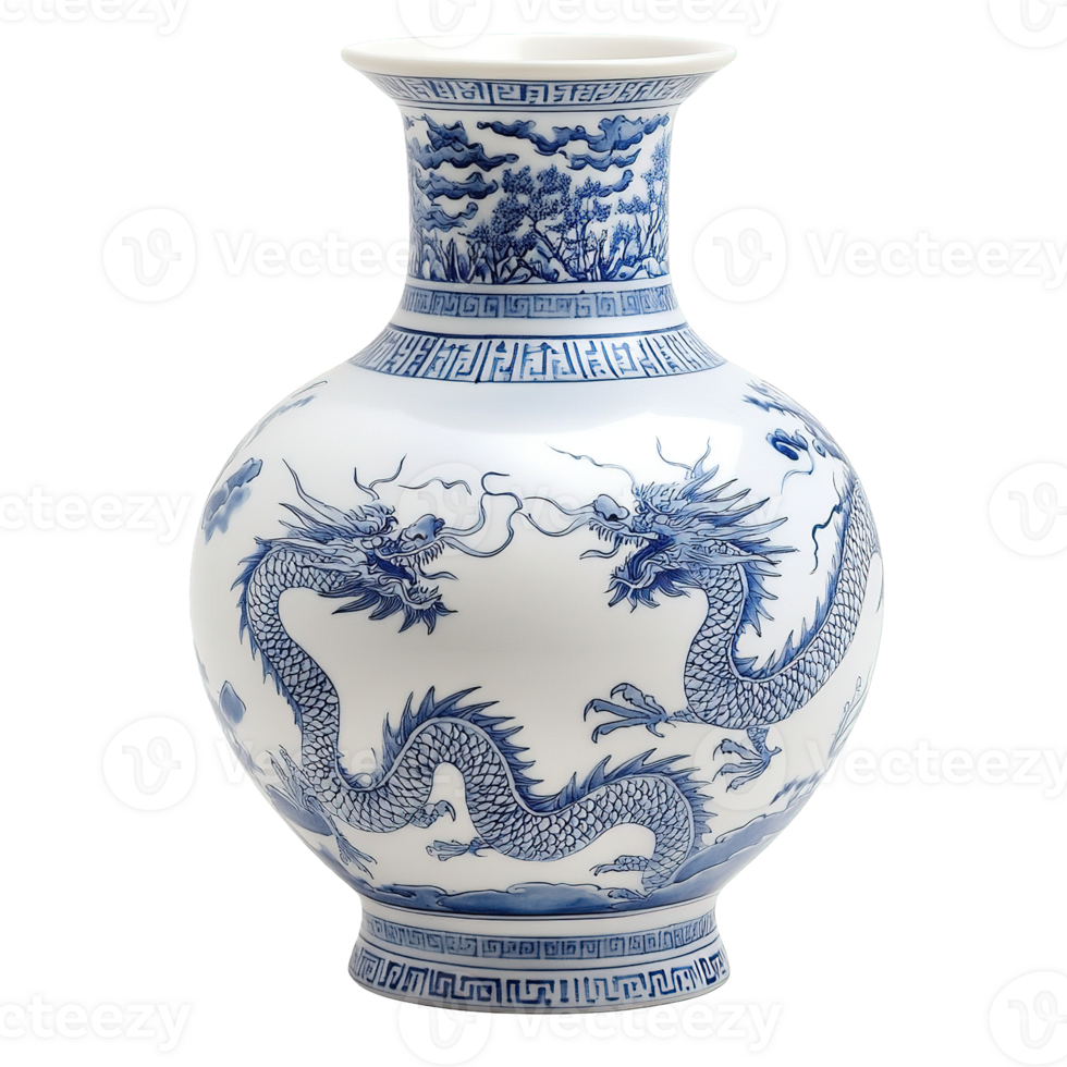Crafted Oriental Ceramic Vase with Blue Dragon Motifs Isolated on Transparent Background png