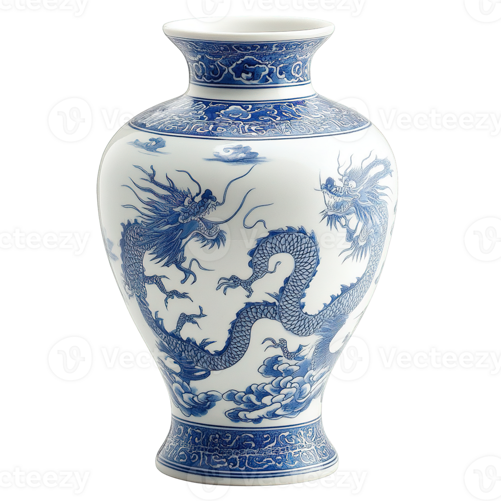 Classic Oriental Ceramic Vase Featuring Intricate Blue Dragon Design Isolated on Transparent Background png