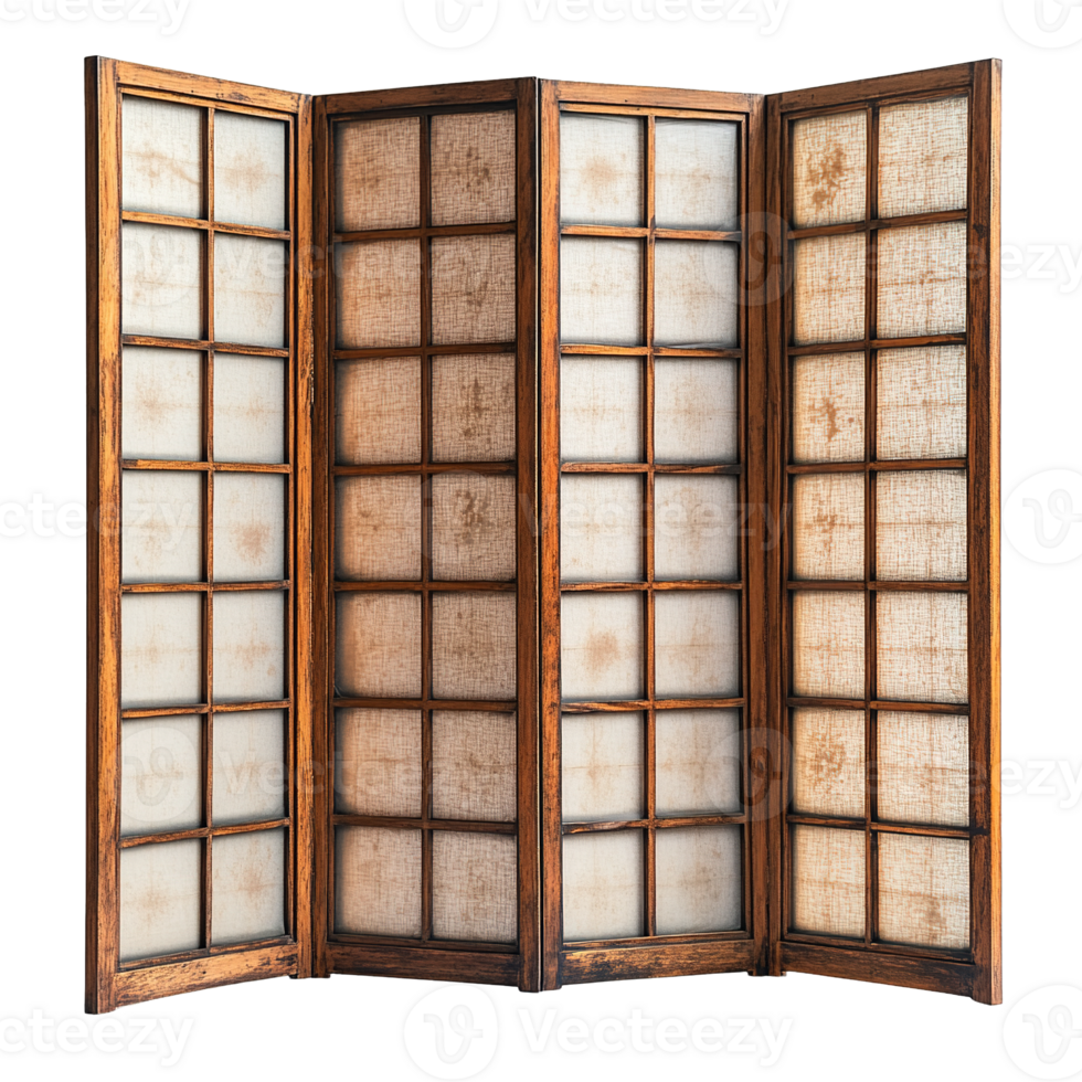 Rustic Japanese Shoji Room Divider with Wooden Frames and Textured Rice Paper on Transparent Background png