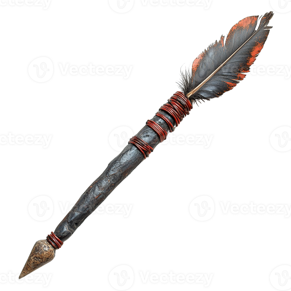 Handcrafted Tribal Spear with Ornate Feathers, Carved Wooden Shafts, and Flint Blade Points Isolated on Transparent Background png