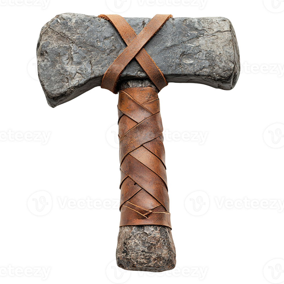 Historical Stone War Hammer with Rough Rock Head and Leather-Bound Handle Isolated on Transparent Background png