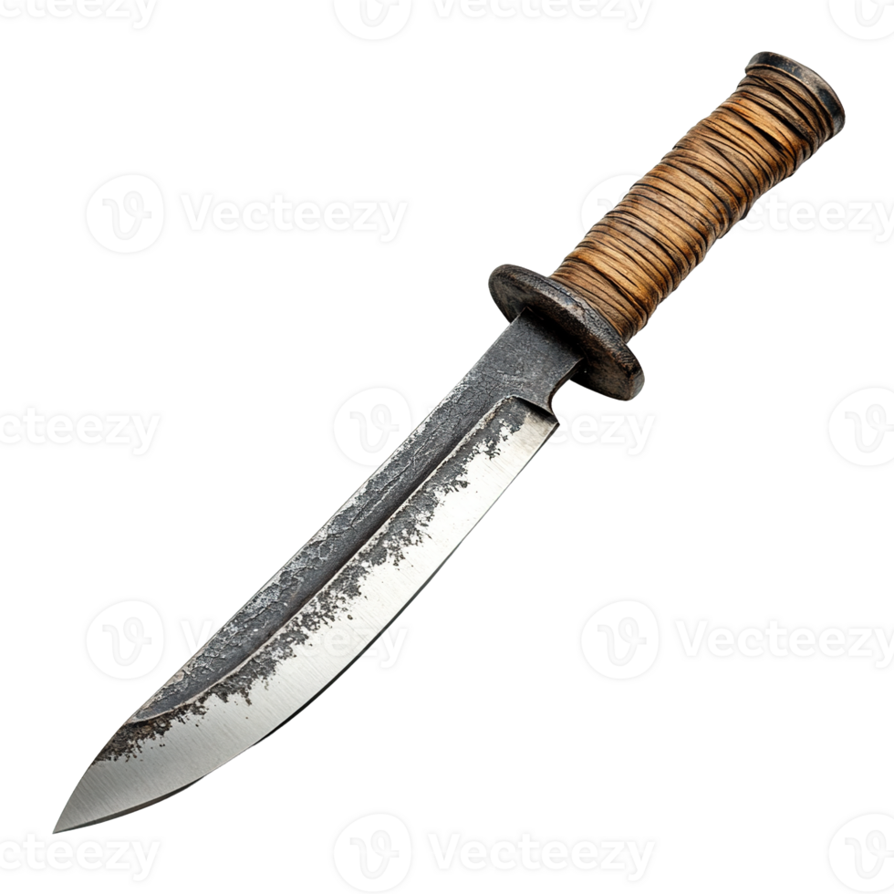 Combat Knife with Aged Wooden Handle Isolated on Transparent Background png