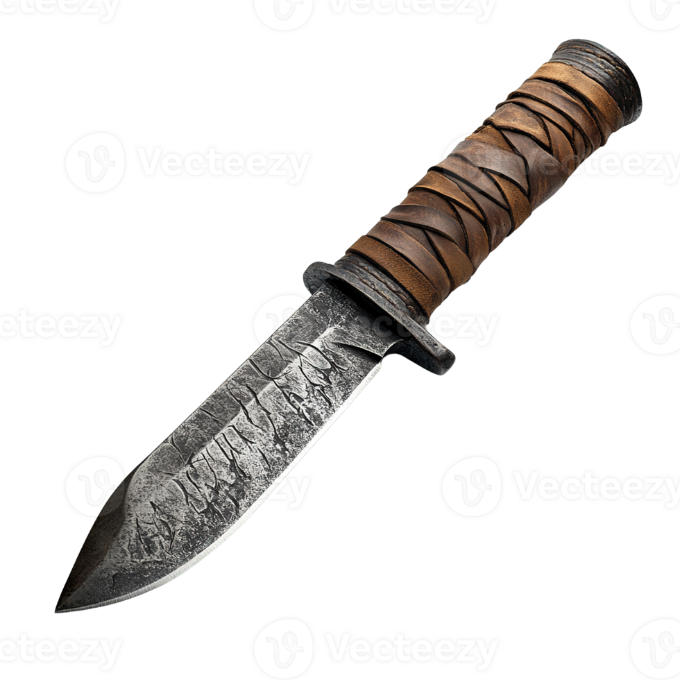 Knife with Aged Blade and Leather-Wrapped Grip Isolated on Transparent Background png