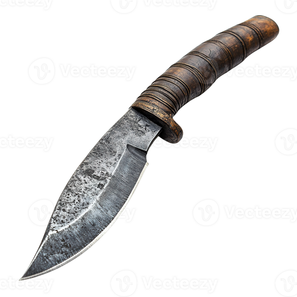 Hunting Knife with Forged Steel Blade and Wrapped Wooden Grip Isolated on Transparent Background png