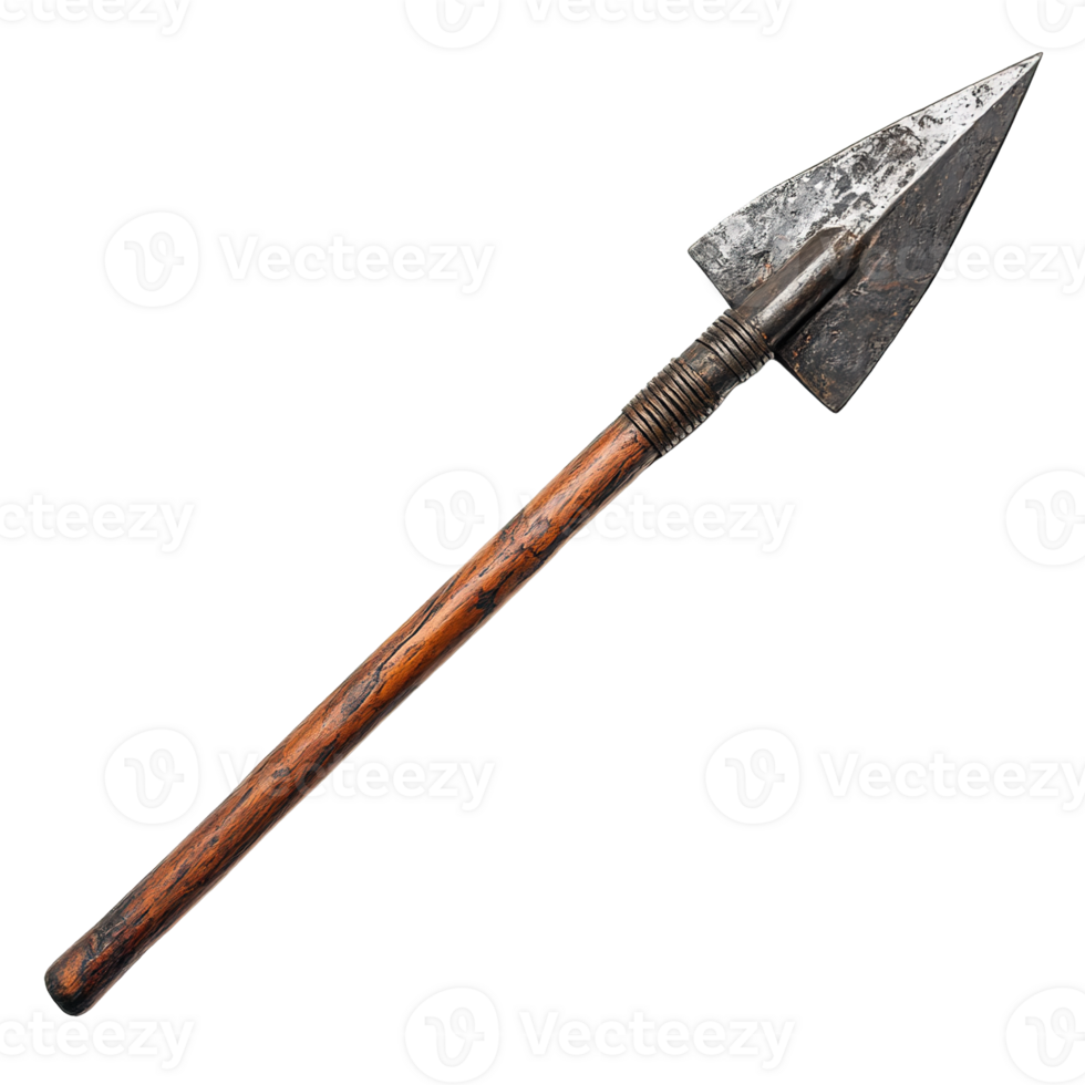 Rustic Zulu Spear with Forged Steel Head and Aged Wooden Shaft Isolated on Transparent Background png