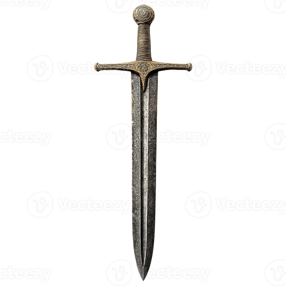 Historical Middle Ages Sword Featuring Double-Edged Blade and Intricate Pommel Design Isolated on Transparent Background png