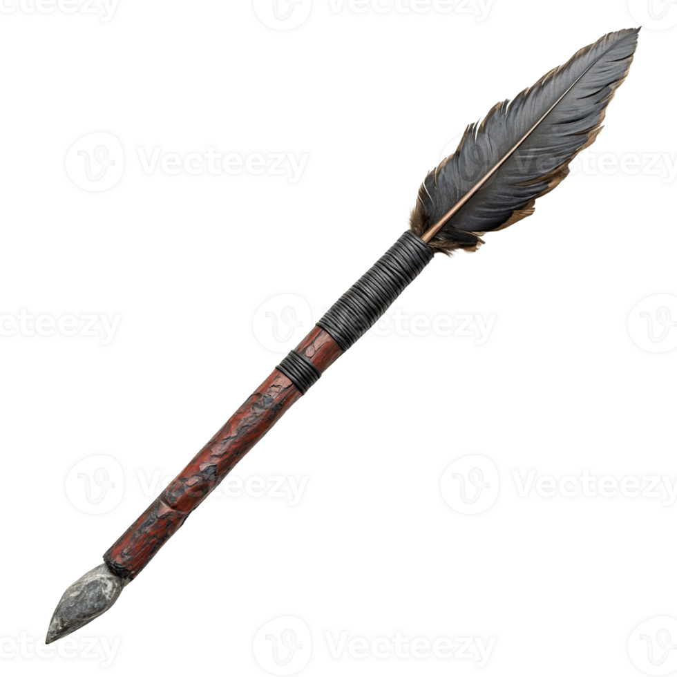 Indigenous Feathered Spear with Rustic Handles and Flint or Stone Tips Isolated on Transparent Background png