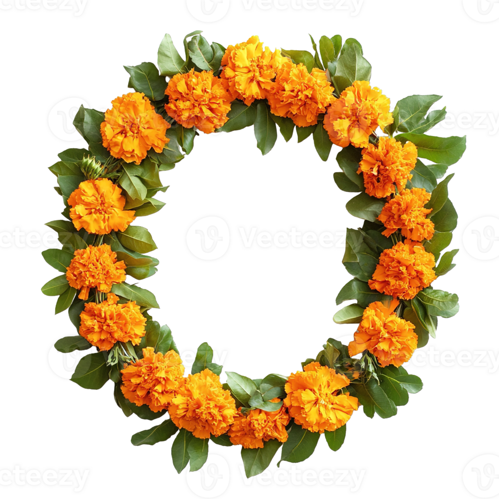Ceremony Floral Garland Made from Fresh Orange Marigold Flowers with Green Leaves Isolated on Transparent Background png