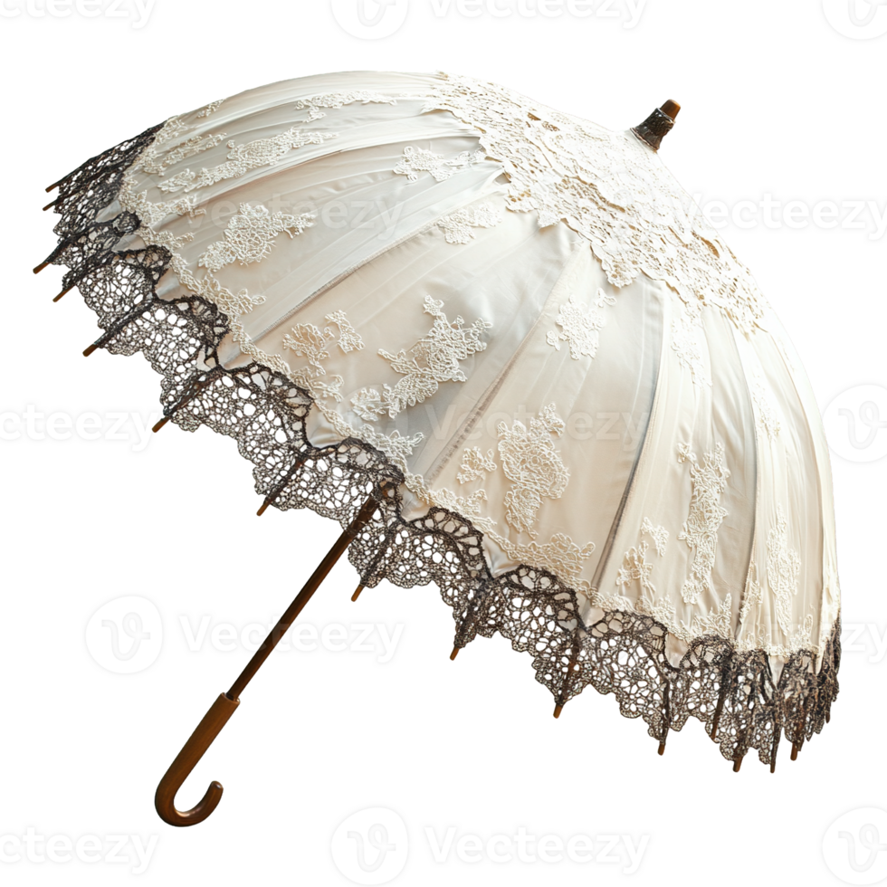 Bridal Umbrella with White Lace Detail and Curved Wooden Handle Isolated on Transparent Background png