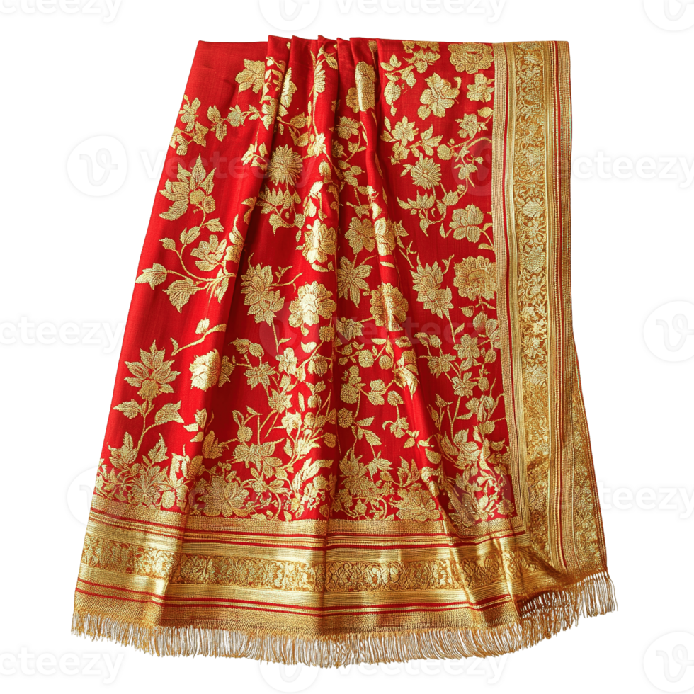 Red and Gold Traditional Sarong with Elaborate Gold Embroidery on Transparent Background png
