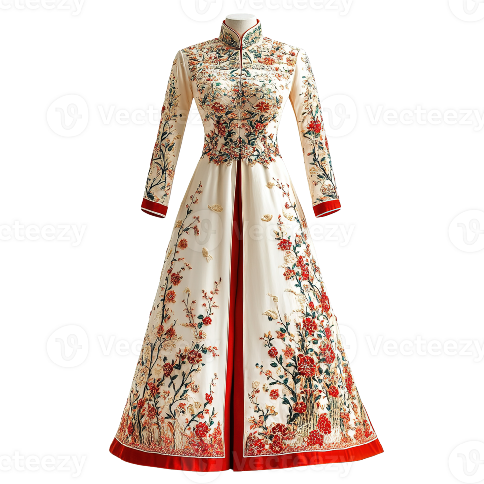 Red and White Ao Dai Dress Featuring Intricate Floral Designs Isolated on Transparent Background png