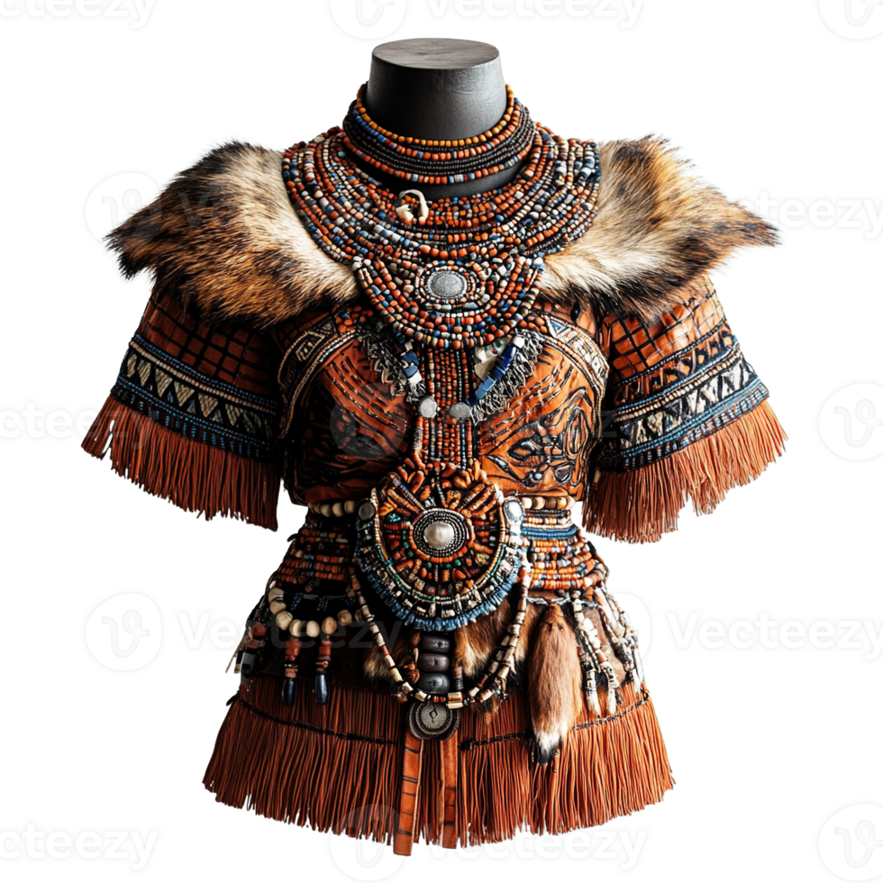 Tribal Dresses Featuring Beadwork, Animal Skins, and Cultural Patterns Isolated on Transparent Background png