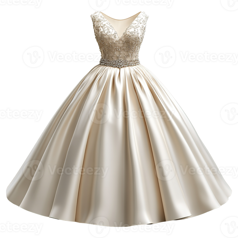 Formal Ivory Ball Gown Wedding Dress with Detailed Embroidery on Bodice, Crystal Waistline Accent, and Structured Full Skirt on Transparent Background png