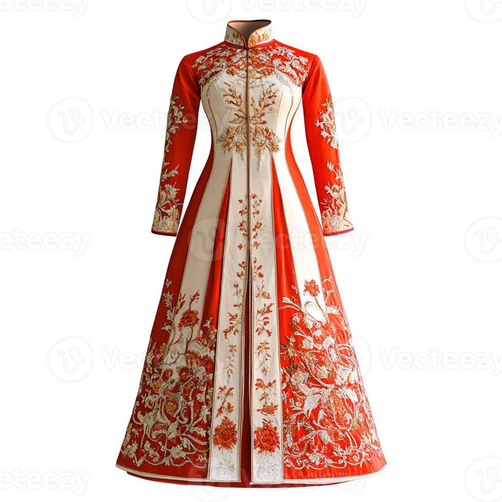 Traditional Ao Dai Outfit for Brides with Ornate Floral Patterns Isolated on Transparent Background png
