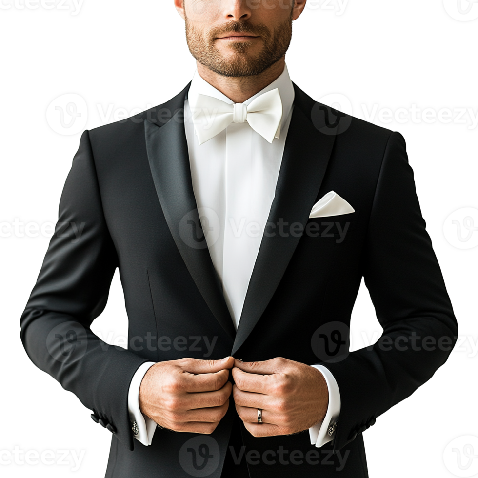 Groom in Luxury Black-Tie Attire Featuring Fitted Black Suit, White Accessories, and Confident Expression on Transparent Background png