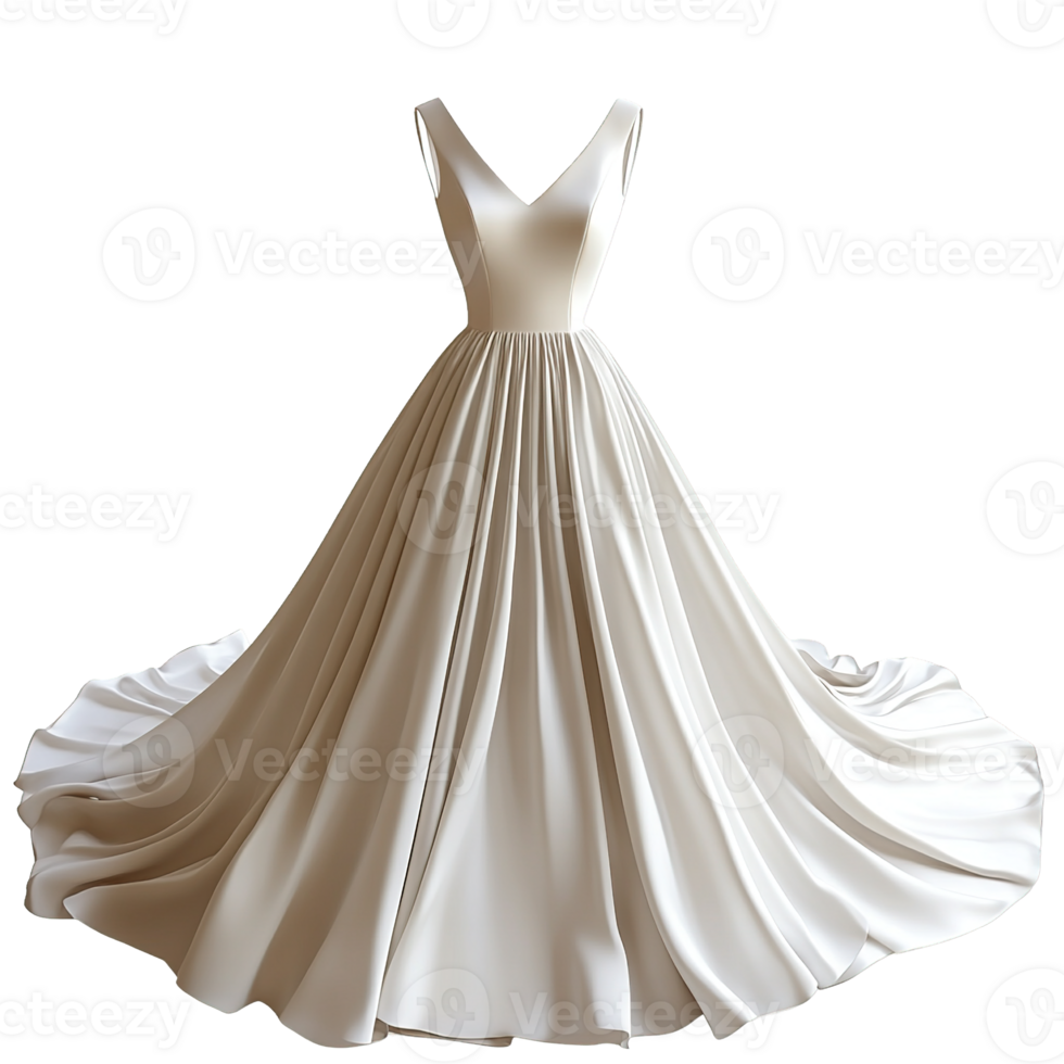 Satin Wedding Dress in Minimalist Style with Elegant Train and V-Shaped Neckline Isolated on Transparent Background png