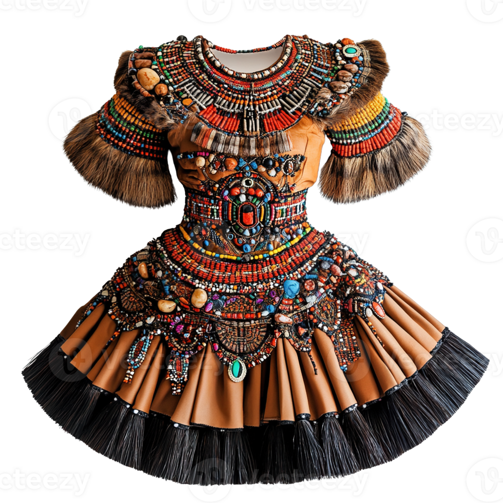 Traditional Wedding Attire with Beaded Necklaces and Animal Fur Decorations Isolated on Transparent Background png