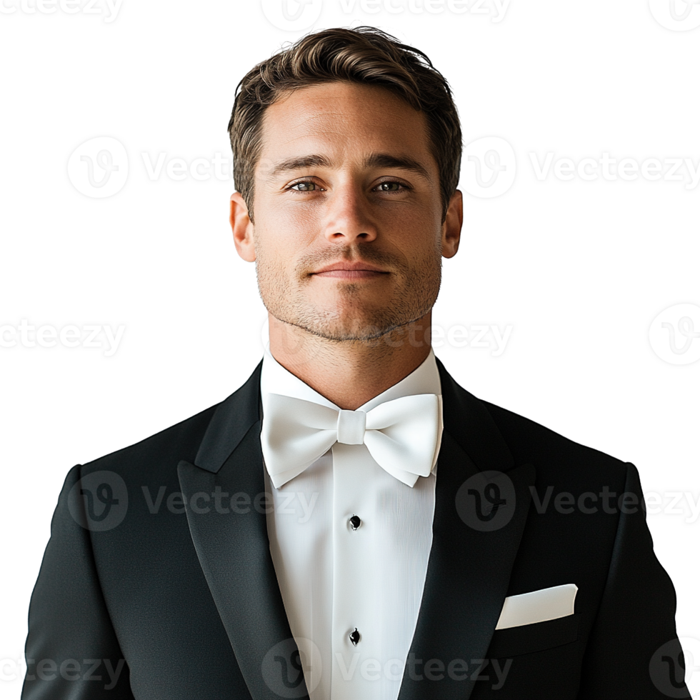 Formal Portrait of a Handsome Man in Tailored Black Tuxedo and Crisp White Shirt on Transparent Background png