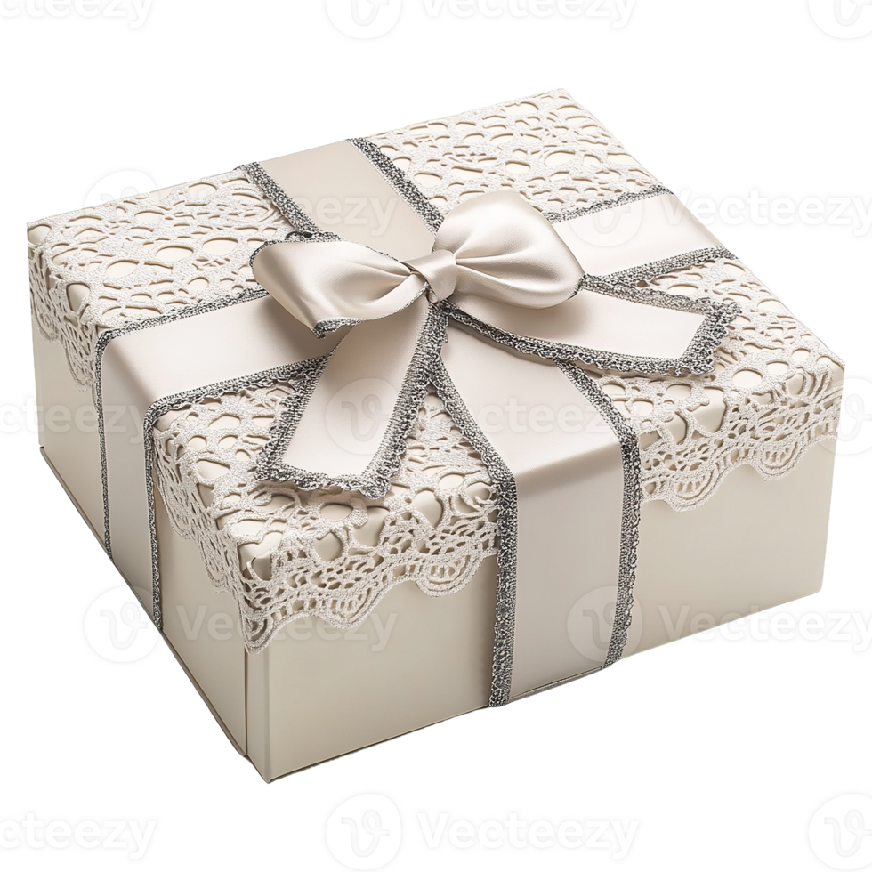 Gift Box with Ornate Lace Covers and Ribbon Ties Isolated on Transparent Background png