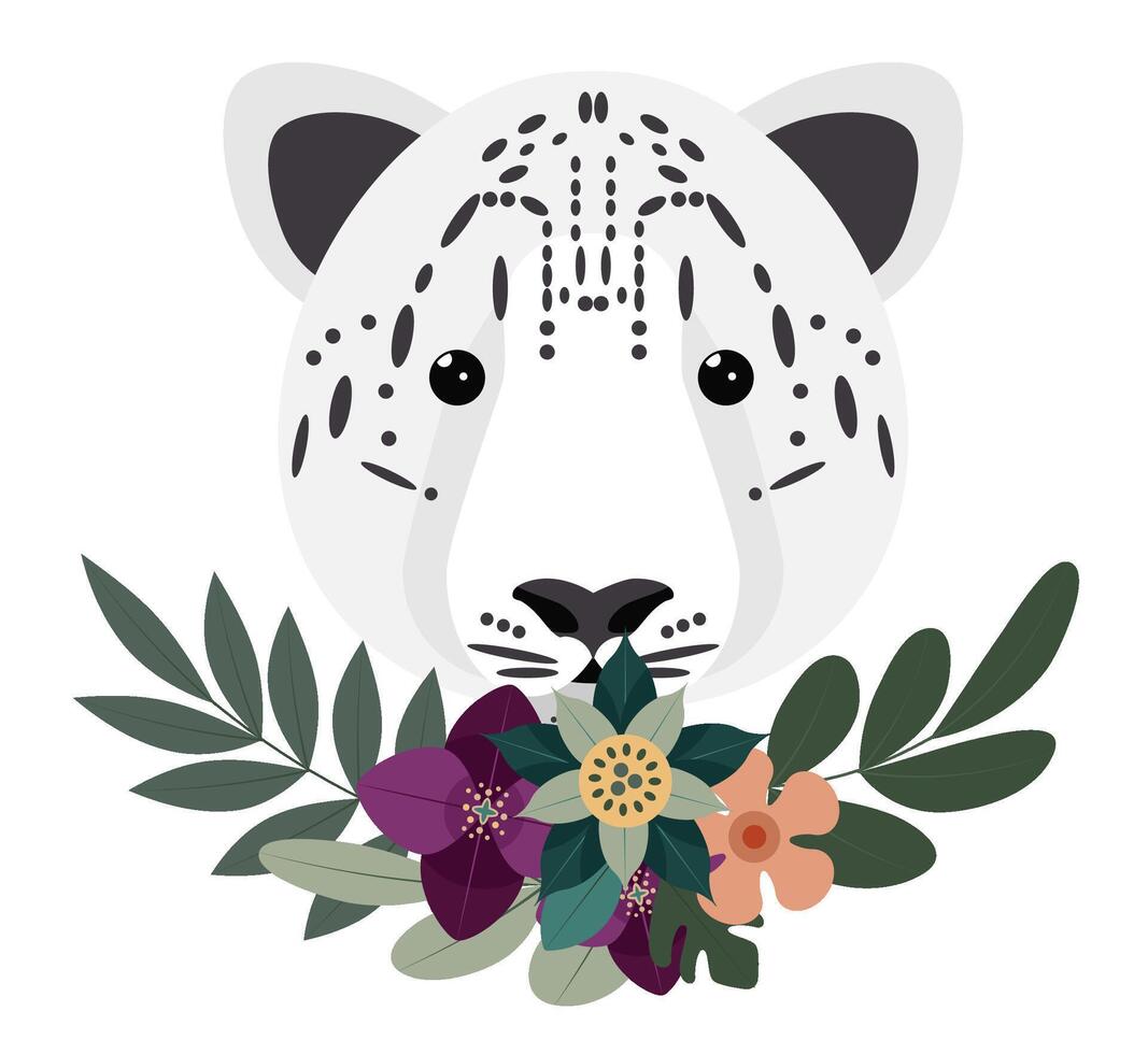 Snow leopard with colorful flowers and leaves in a whimsical design vector