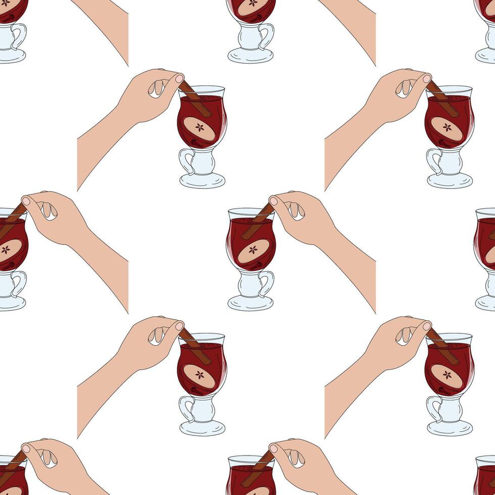 Hand Push Cinnamon Stick in Glass Cup with Mulled Wine Apple slice and Glove Seamless Pattern Pop Art. Isolated illustration Cozy Seasonal Drink Menu Card Backdrop or Promo Banner, leaflet, tag vector