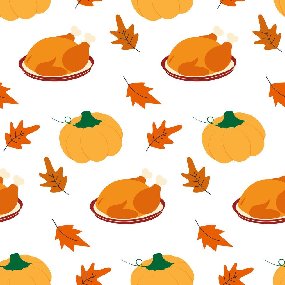 Fried Turkey Dry Autumn Leaves and Pumpkin Seamless Pattern Thanksgiving Holiday Greeting Background. Isolated illustration Autumn Holiday Theme Cards Background Party invite or banner, leaflet vector