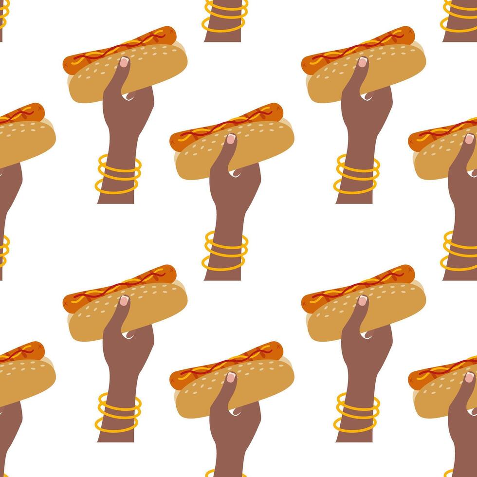 Afro American Female hands Hold Hot Dog with mustard and ketchup Seamless Pattern Fast Food Backdrop. Isolated illustration Fast Food or Hot Dog Day content Ads Menu Cards, price tag, leaflets vector