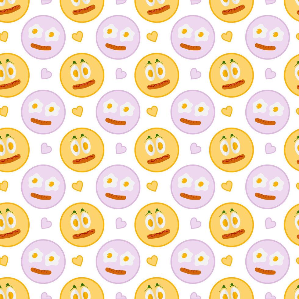 Fried and Boiled Eggs on plate with grilled sausage Like Cute Emoticons Seamless Pattern Breakfast. Isolated illustration Food Poster Motivation Backdrop or promo banners, leaflets, media post vector