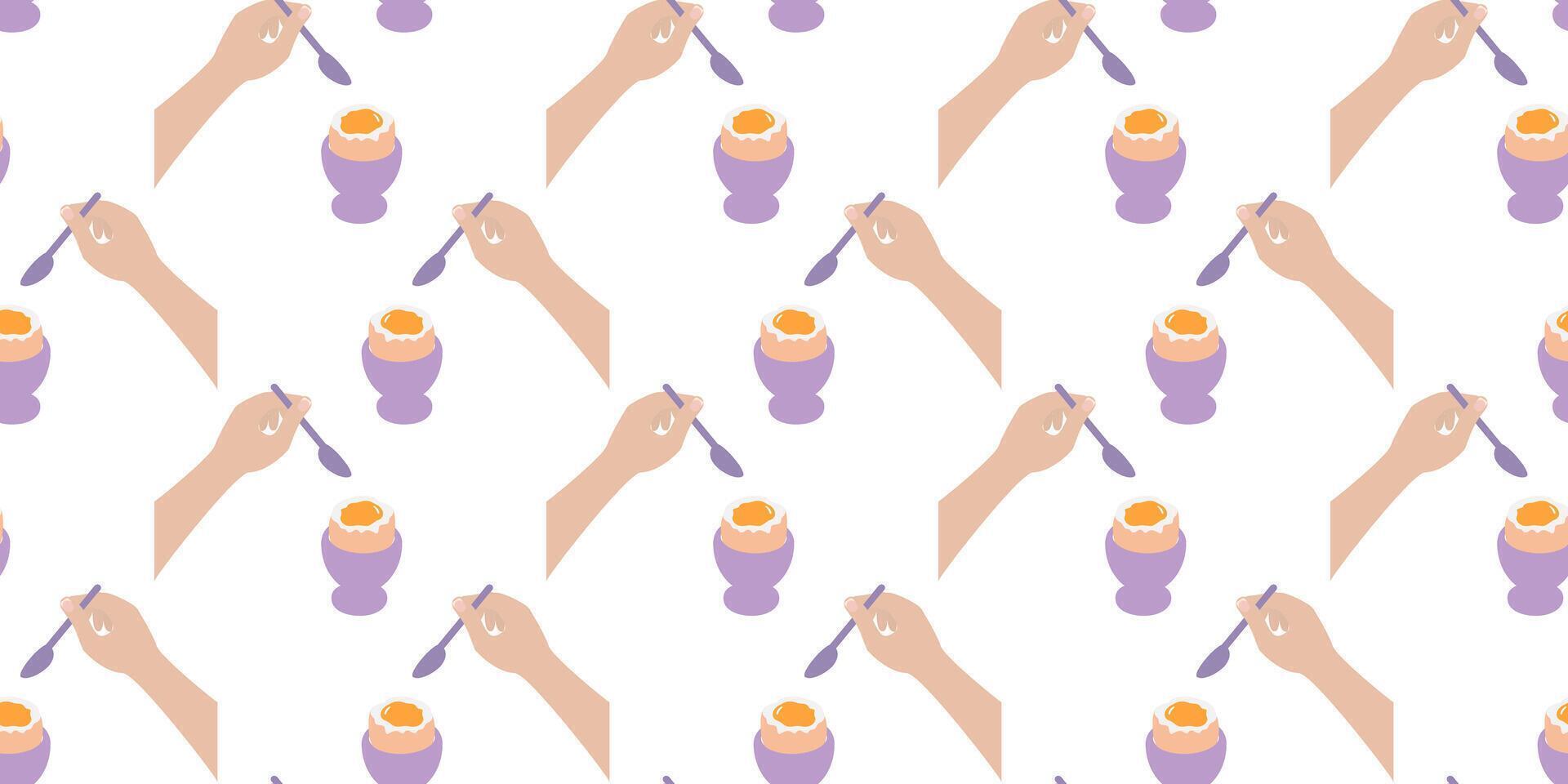 Hands hold spoon and Soft Boiled Egg in egg bowl Seamless Pattern Banner Format Healthy Eating fond. Isolated illustration Food Poster Backdrop Social media post or promo banner, leaflet, label vector