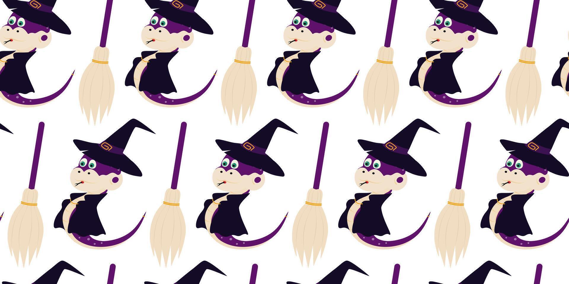 Halloween Snake in Witch Hat and cloak with broomstick Seamless Pattern Banner Format Halloween Fond. Isolated illustration Halloween Greeting Background Party Invite or banner, leaflets, price vector