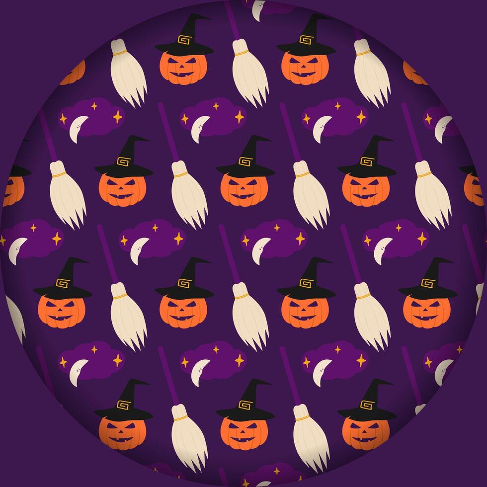 Halloween Pumpkins in Witch Hat with Brooms and Crescent with Cloud Halloween Pattern Paper Cut Fond. Isolated illustration Halloween Greeting Themes Cards, Party invite or banner, leaflet, tag vector