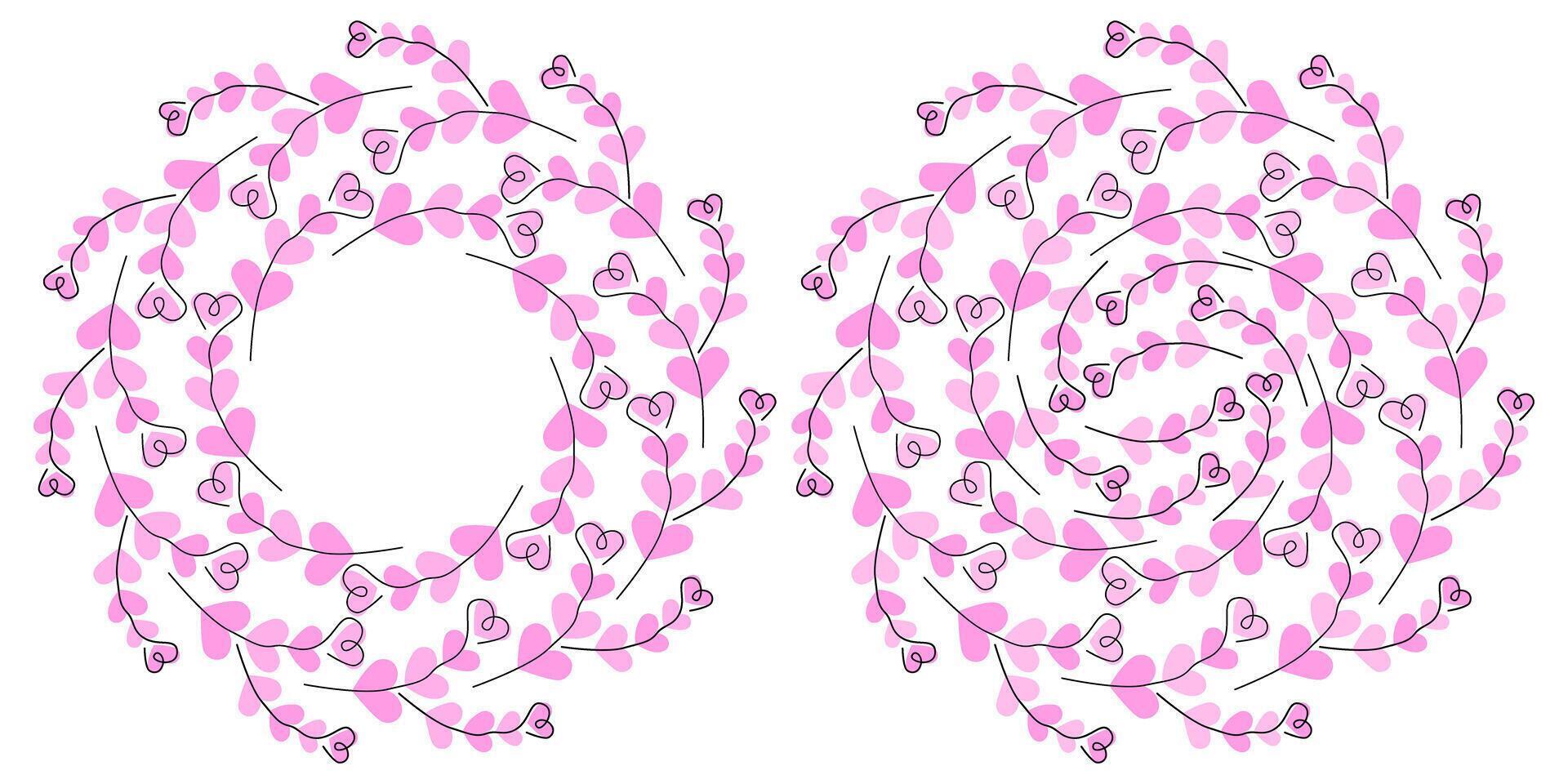 Outline Heart Shape twigs on heart shape spot in trendy soft pink Circle Frame Copy space Template. Isolated illustration St Valentines Greeting Thematic Cards or Party Invite, leaflet Backdrop vector