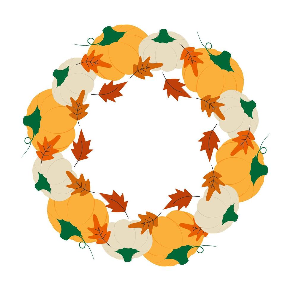 Cozy Autumn dry leaves and Pumpkins White ang Orange Thanksgiving Circle Frame border Copy space. Isolated illustration Thanksgiving greeting, Social media Post or promo banner, leaflets, label vector