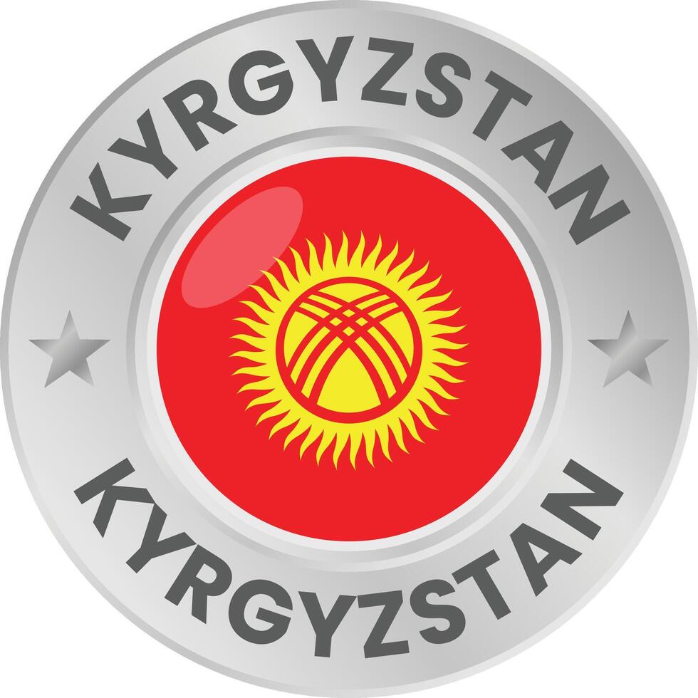 Kyrgyzstan flag in silver colored medal. National flag in metal circle emblem. vector