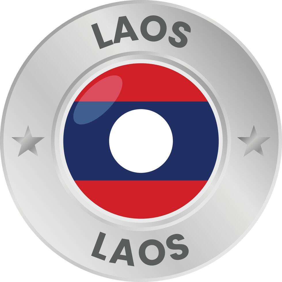 Laos flag in silver colored medal. National flag in metal circle emblem. vector