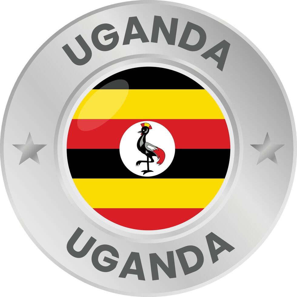 Uganda flag in silver colored medal. National flag in metal circle emblem. vector