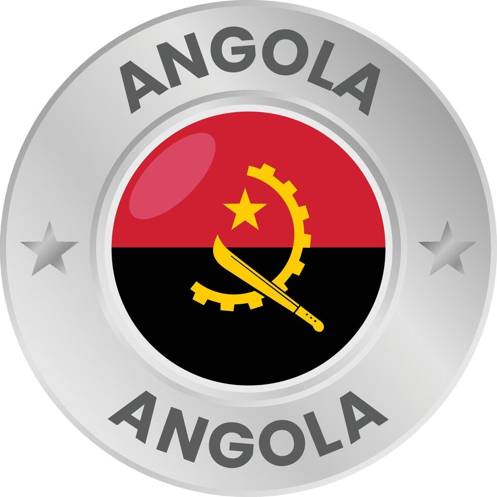Angola flag in silver colored medal. National flag in metal circle emblem. vector