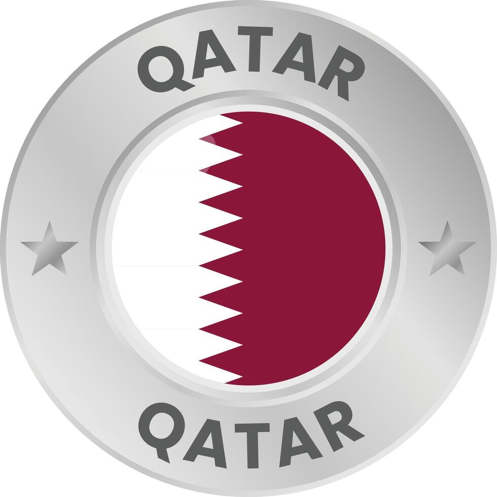 Qatar flag in silver colored medal. National flag in metal circle emblem. vector
