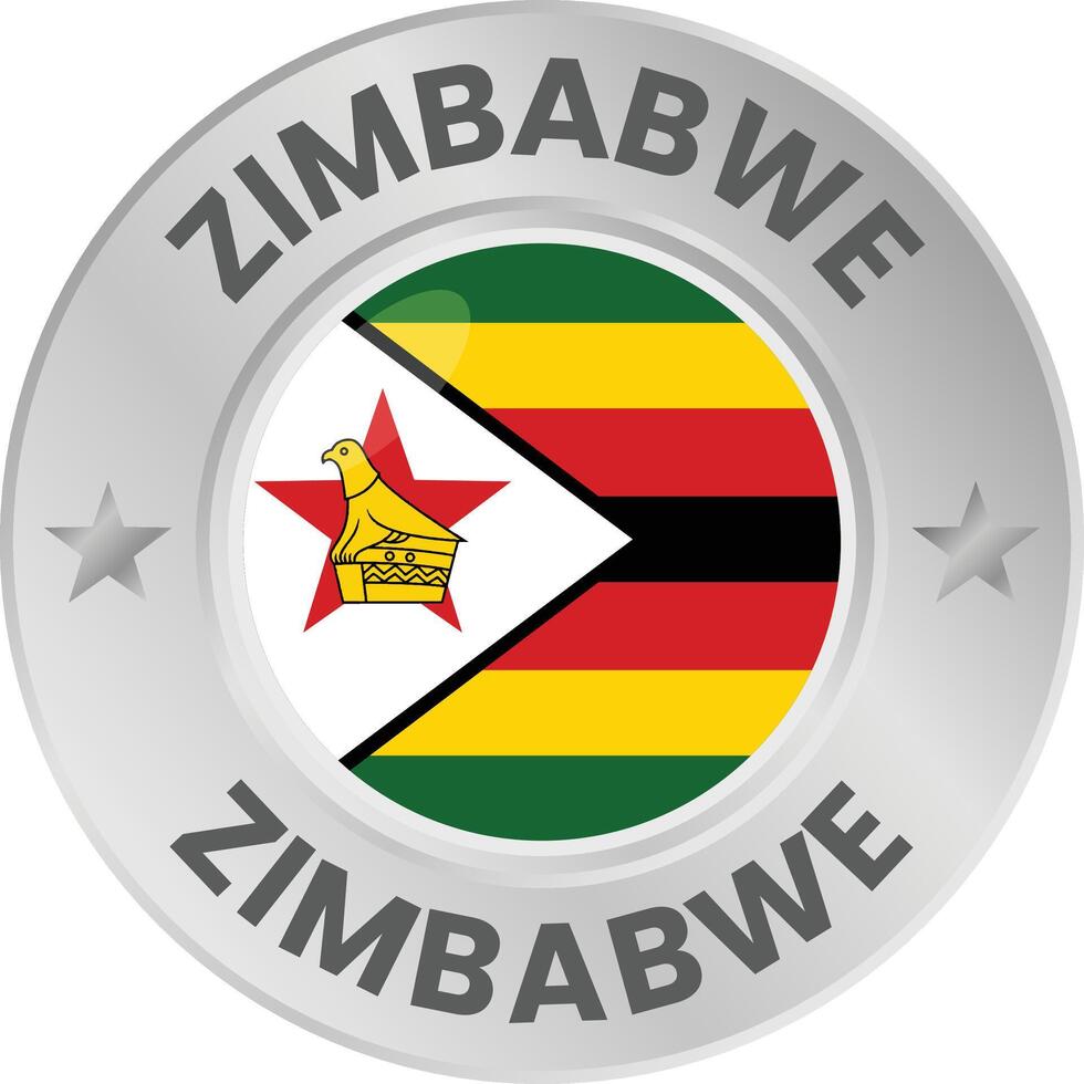 Zimbabwe flag in silver colored medal. National flag in metal circle emblem. vector