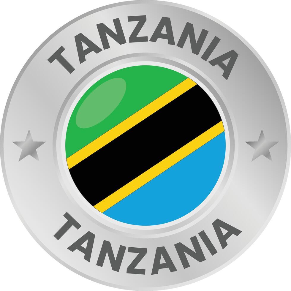 Tanzania flag in silver colored medal. National flag in metal circle emblem. vector