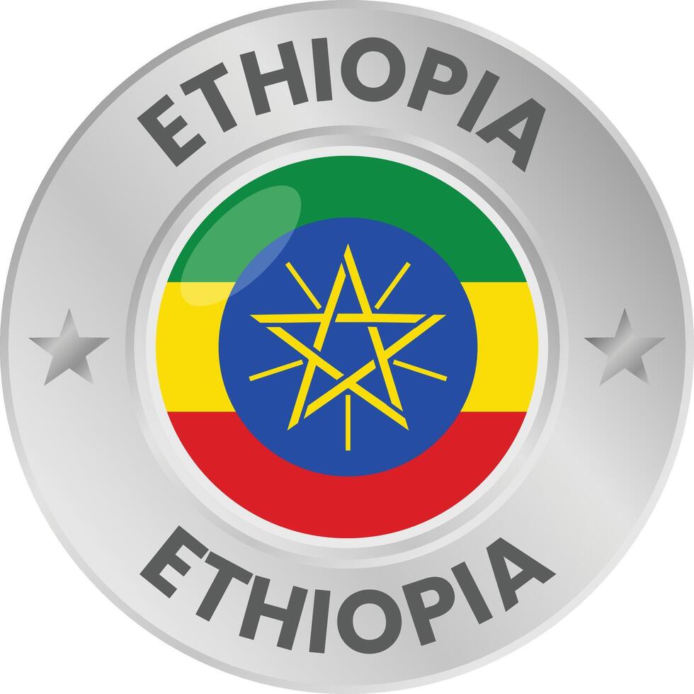 Ethiopia flag in silver colored medal. National flag in metal circle emblem. vector